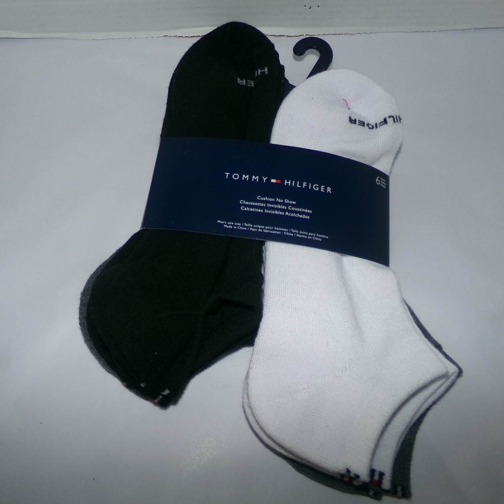 Tommy Hilfiger Mens Cushion No Show Socks 6 Pair Pack Black White Grey Assorted
